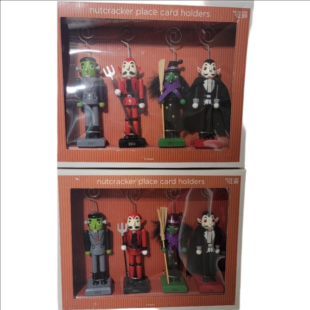 HALLOWEEN Nutcracker Placecard/photo Holders. 2 Sets Of 4. NIB. Witch, Dracula